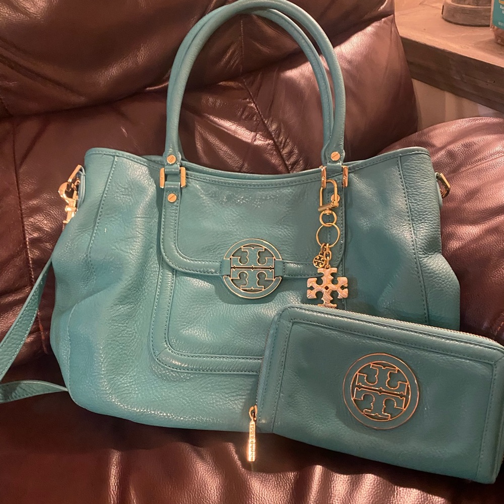 Tory Burch Turquoise Leather Tote and Wallet Set
